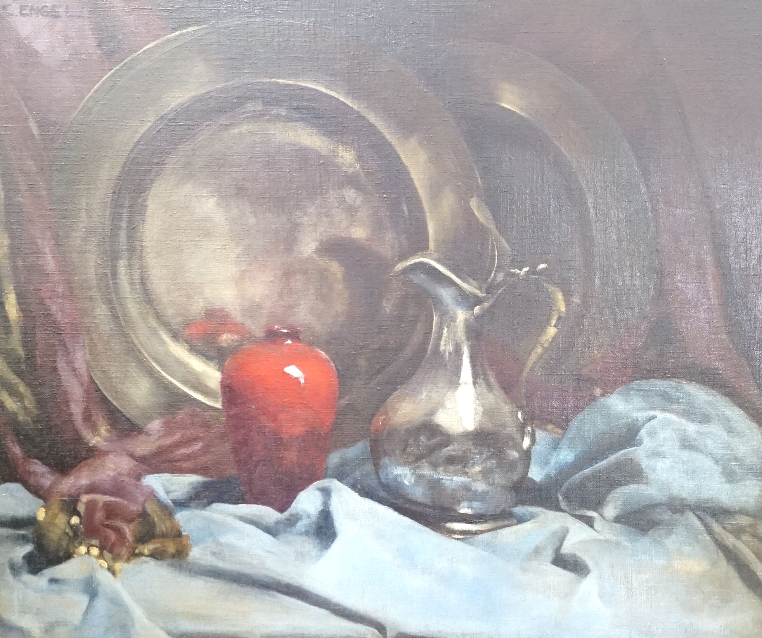 C. Engel, oil on canvas, still life of a vase and pewter ware, signed, 52 cm at 62 cm
